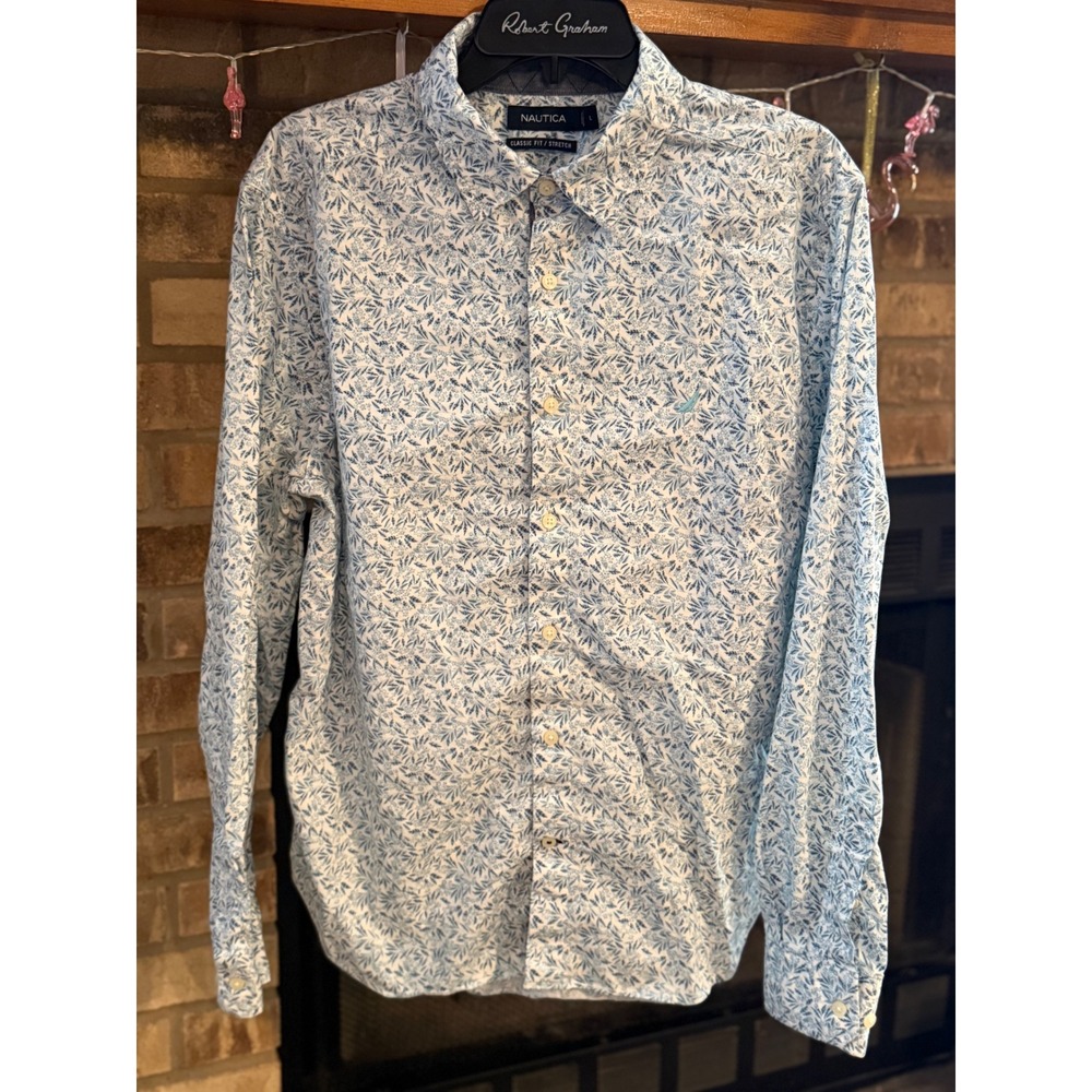 Nautica Womens Large Blue White Floral Leaf Print Button Down Shirt Classic Fit - Picture 5 of 6